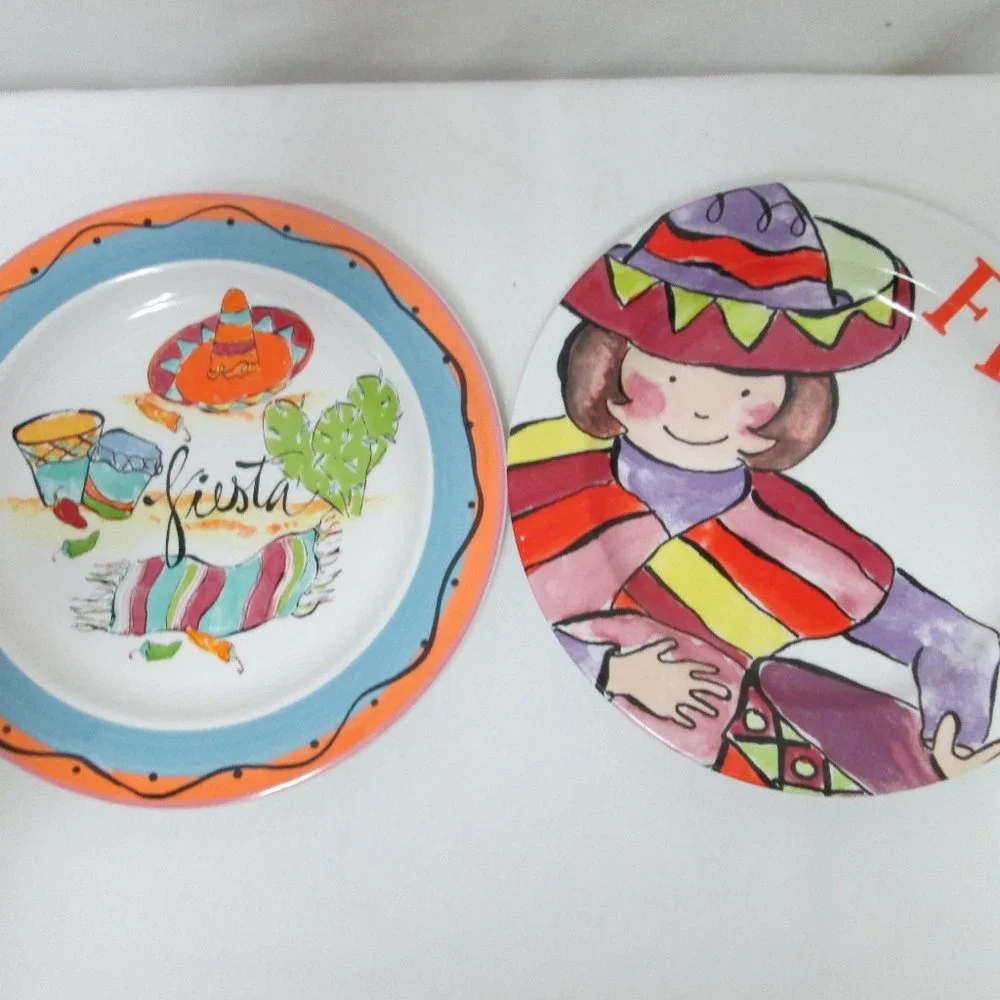 R Table Fiesta ceramic salad dessert plate set 2 Mariachi Cactus Mexican Theme